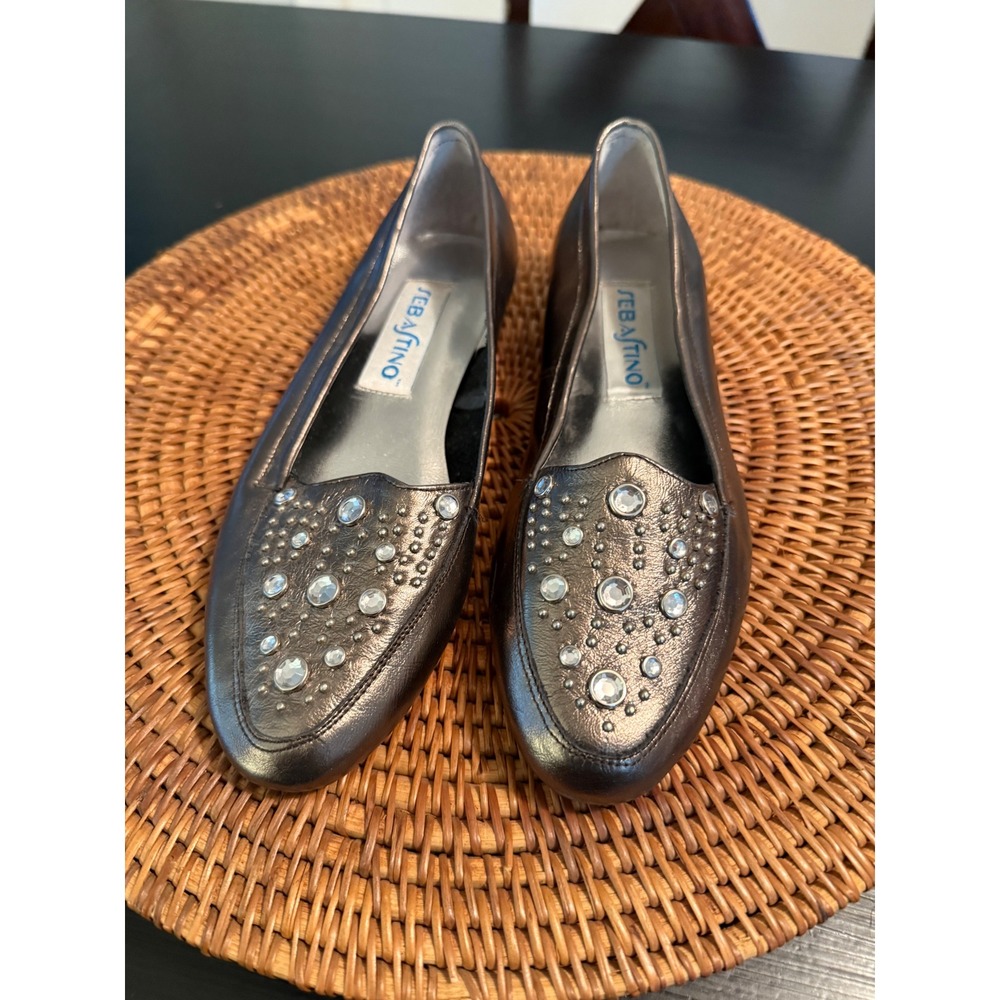 Sebastino‎ Brock Womens 7.5 M Metallic Pewter Leather Rhinestone Studded Loafers